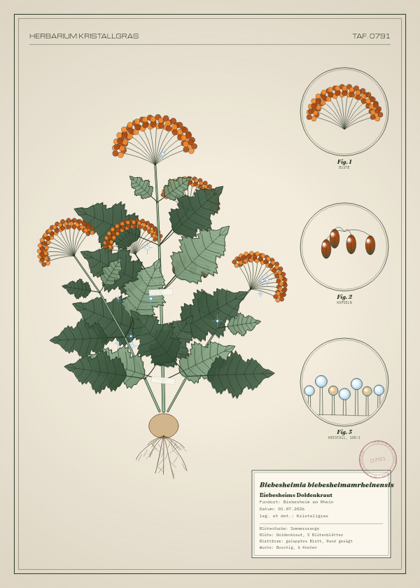 Botanische Tafel: Biebesheimia biebesheimamrheinensis, eine erfundene Pflanze aus Biebesheim am Rhein, gezeichnet wie in einem alten Pflanzenatlas