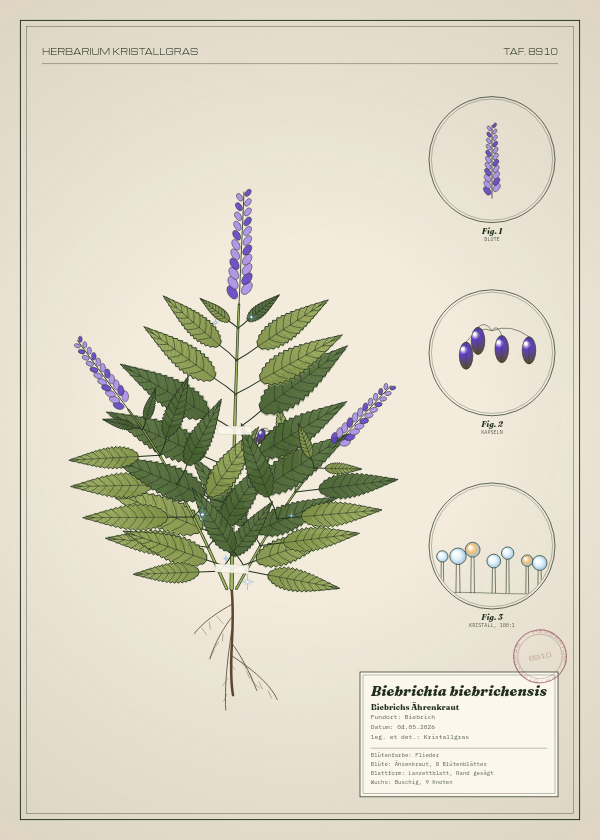 Botanische Tafel: Biebrichia biebrichensis, eine erfundene Pflanze aus Biebrich, gezeichnet wie in einem alten Pflanzenatlas
