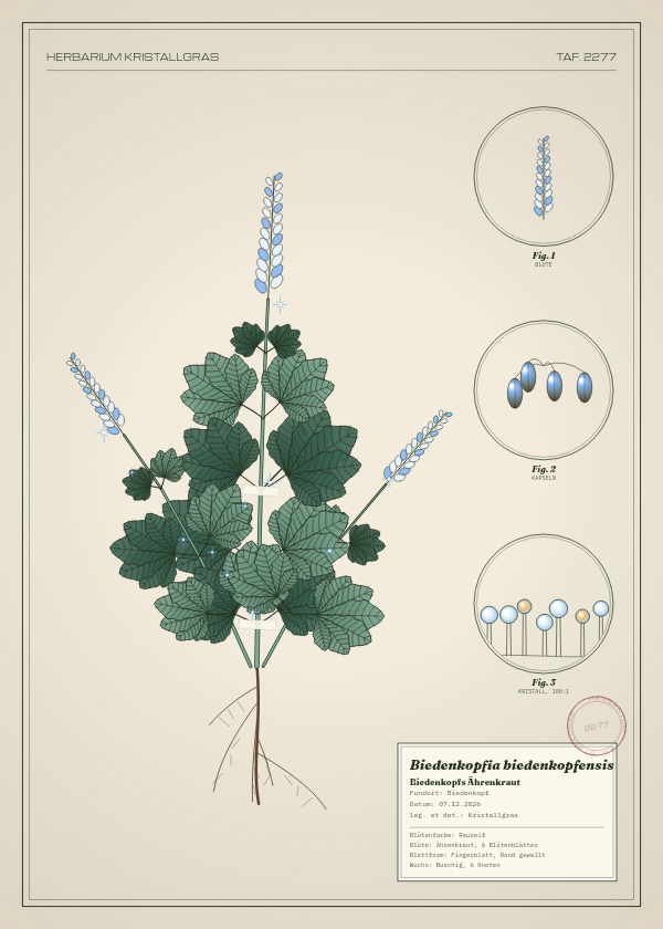 Botanische Tafel: Biedenkopfia biedenkopfensis, eine erfundene Pflanze aus Biedenkopf, gezeichnet wie in einem alten Pflanzenatlas