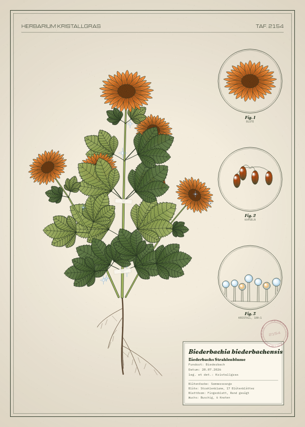 Botanische Tafel: Biederbachia biederbachensis, eine erfundene Pflanze aus Biederbach, gezeichnet wie in einem alten Pflanzenatlas