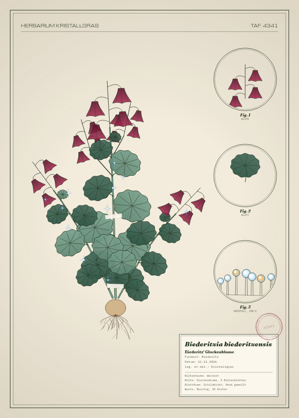 Botanische Tafel: Biederitzia biederitzensis, eine erfundene Pflanze aus Biederitz, gezeichnet wie in einem alten Pflanzenatlas
