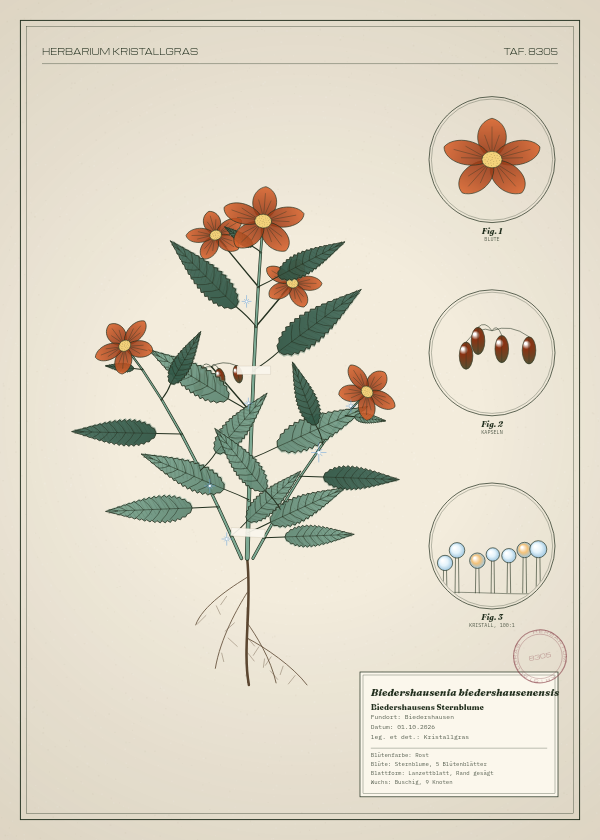 Botanische Tafel: Biedershausenia biedershausenensis, eine erfundene Pflanze aus Biedershausen, gezeichnet wie in einem alten Pflanzenatlas