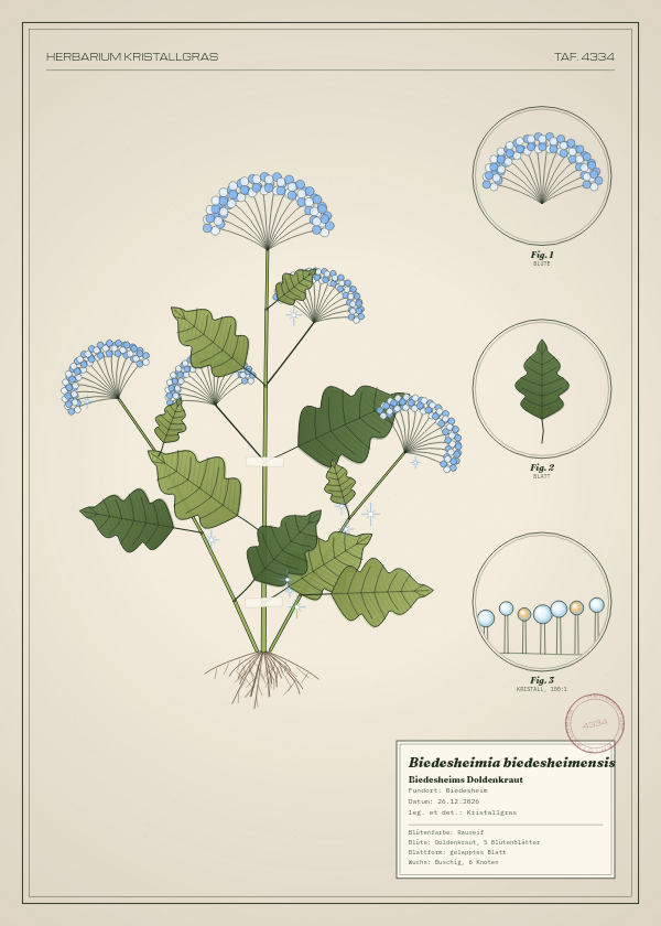 Botanische Tafel: Biedesheimia biedesheimensis, eine erfundene Pflanze aus Biedesheim, gezeichnet wie in einem alten Pflanzenatlas
