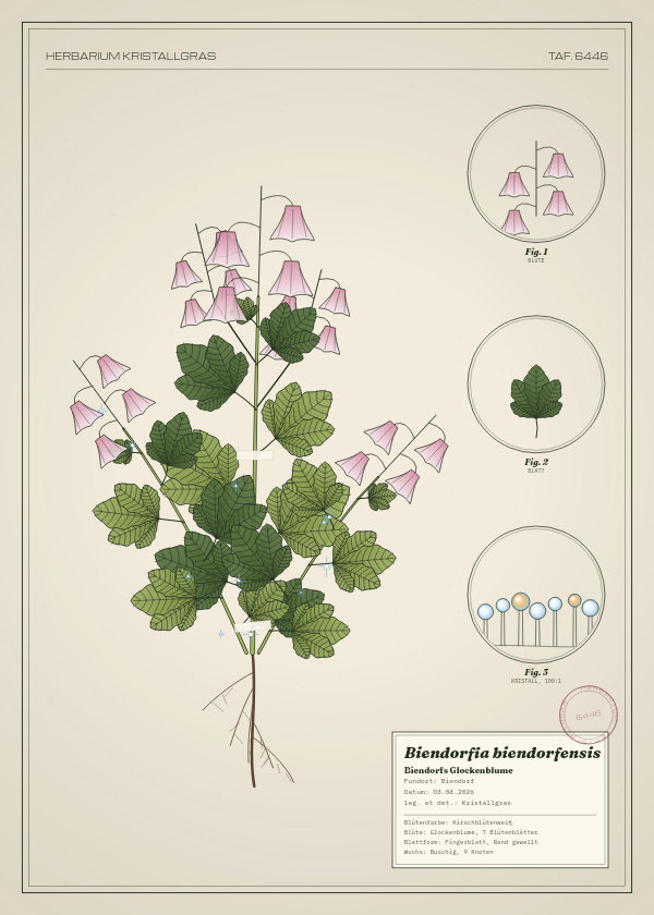 Botanische Tafel: Biendorfia biendorfensis, eine erfundene Pflanze aus Biendorf, gezeichnet wie in einem alten Pflanzenatlas