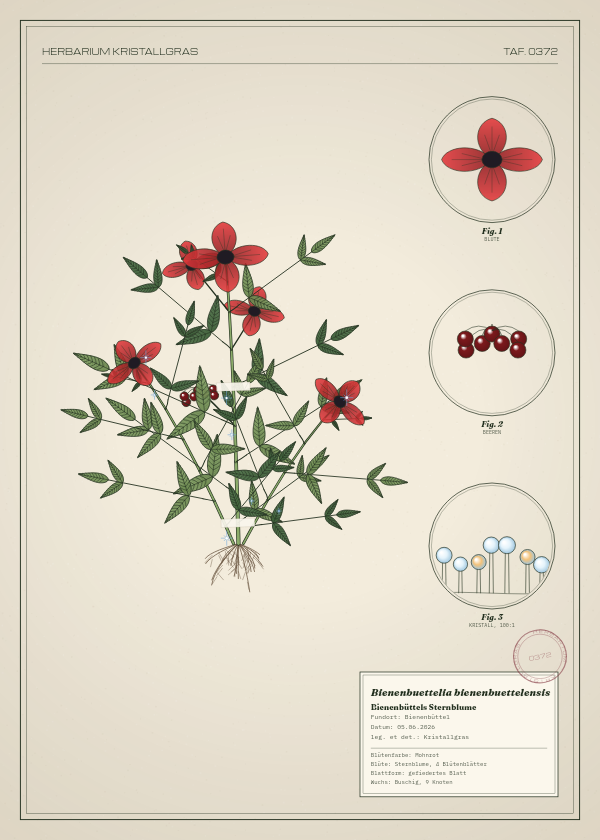 Botanische Tafel: Bienenbuettelia bienenbuettelensis, eine erfundene Pflanze aus Bienenbüttel, gezeichnet wie in einem alten Pflanzenatlas