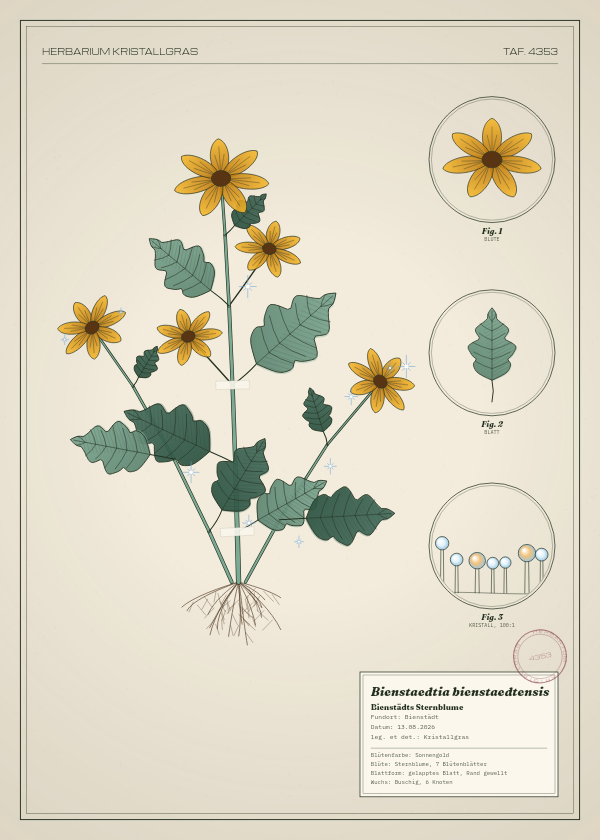 Botanische Tafel: Bienstaedtia bienstaedtensis, eine erfundene Pflanze aus Bienstädt, gezeichnet wie in einem alten Pflanzenatlas