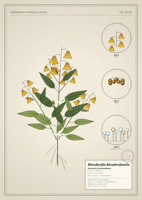 Botanische Tafel: Biesdorfia biesdorfensis, eine erfundene Pflanze aus Biesdorf, gezeichnet wie in einem alten Pflanzenatlas
