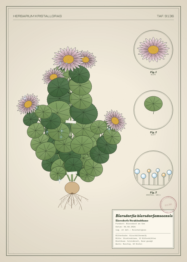 Botanische Tafel: Biersdorfia biersdorfamseensis, eine erfundene Pflanze aus Biersdorf am See, gezeichnet wie in einem alten Pflanzenatlas