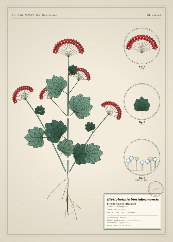 Botanische Tafel: Bietigheimia bietigheimensis, eine erfundene Pflanze aus Bietigheim, gezeichnet wie in einem alten Pflanzenatlas