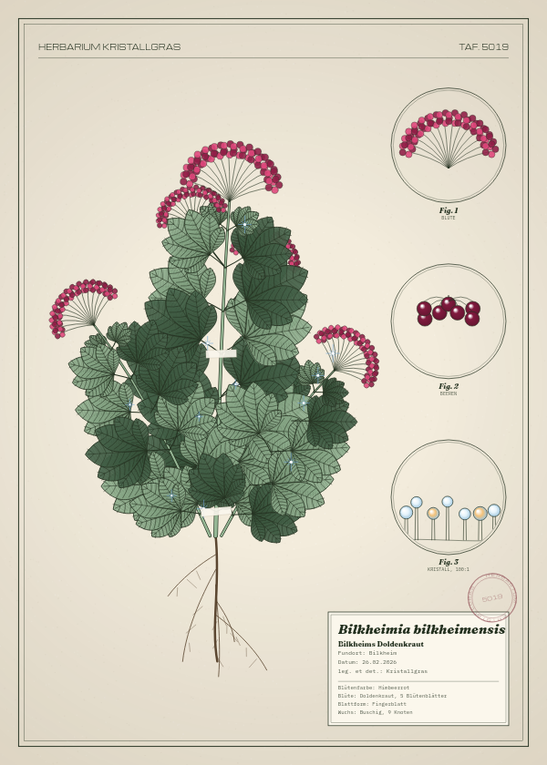 Botanische Tafel: Bilkheimia bilkheimensis, eine erfundene Pflanze aus Bilkheim, gezeichnet wie in einem alten Pflanzenatlas