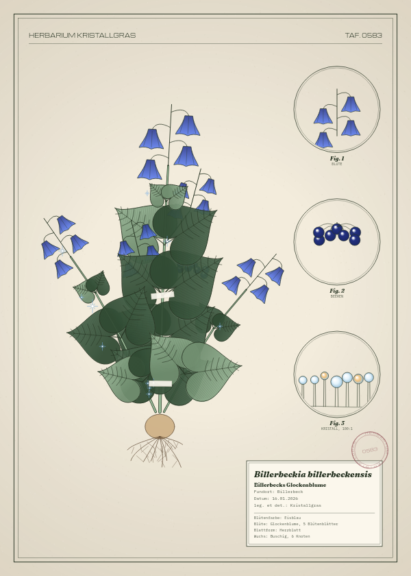 Botanische Tafel: Billerbeckia billerbeckensis, eine erfundene Pflanze aus Billerbeck, gezeichnet wie in einem alten Pflanzenatlas