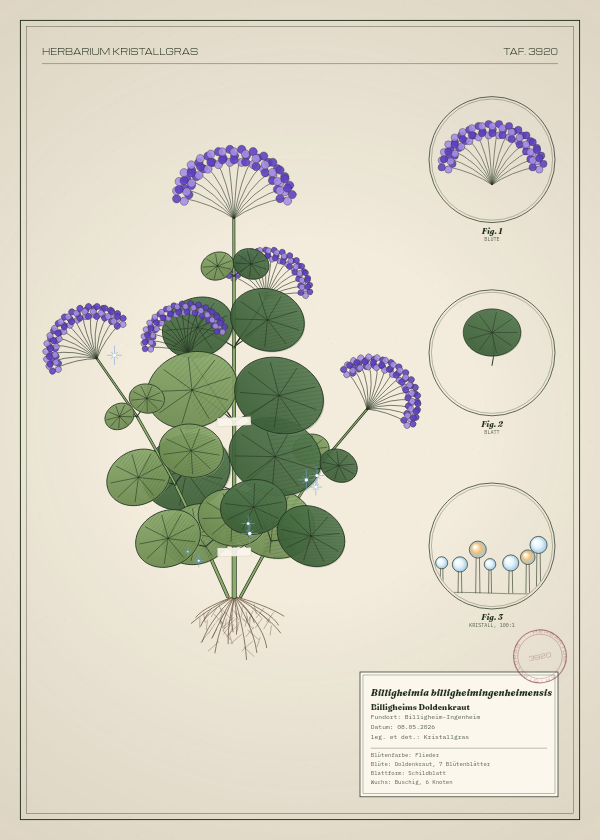 Botanische Tafel: Billigheimia billigheimingenheimensis, eine erfundene Pflanze aus Billigheim-Ingenheim, gezeichnet wie in einem alten Pflanzenatlas