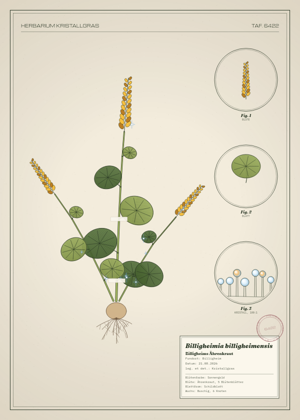 Botanische Tafel: Billigheimia billigheimensis, eine erfundene Pflanze aus Billigheim, gezeichnet wie in einem alten Pflanzenatlas