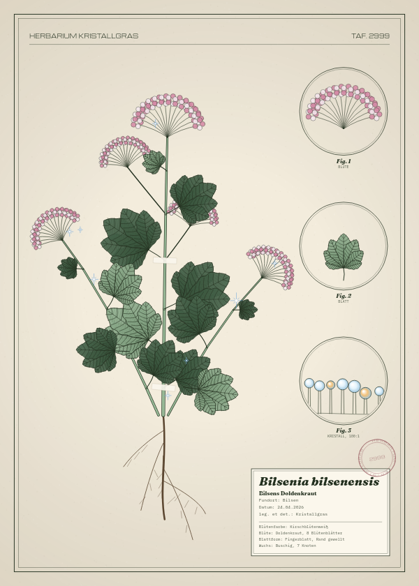 Botanische Tafel: Bilsenia bilsenensis, eine erfundene Pflanze aus Bilsen, gezeichnet wie in einem alten Pflanzenatlas