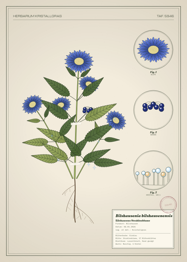 Botanische Tafel: Bilshausenia bilshausenensis, eine erfundene Pflanze aus Bilshausen, gezeichnet wie in einem alten Pflanzenatlas