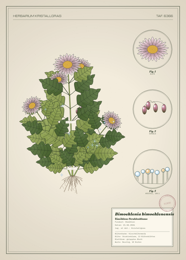 Botanische Tafel: Bimoehlenia bimoehlenensis, eine erfundene Pflanze aus Bimöhlen, gezeichnet wie in einem alten Pflanzenatlas