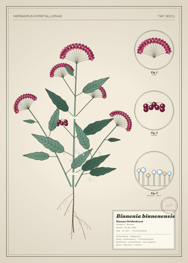 Botanische Tafel: Binnenia binnenensis, eine erfundene Pflanze aus Binnen, gezeichnet wie in einem alten Pflanzenatlas
