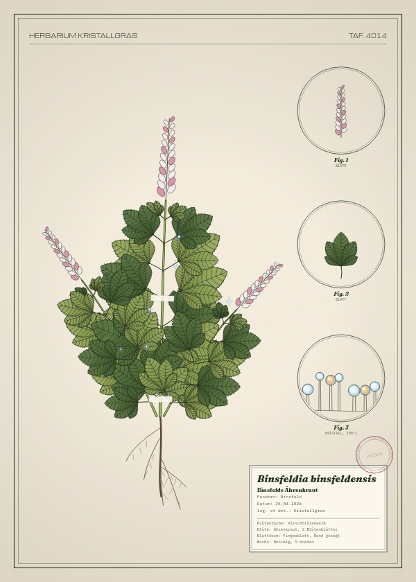 Botanische Tafel: Binsfeldia binsfeldensis, eine erfundene Pflanze aus Binsfeld, gezeichnet wie in einem alten Pflanzenatlas