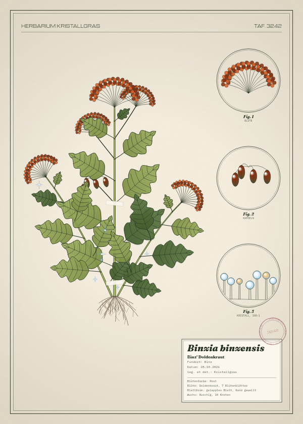 Botanische Tafel: Binzia binzensis, eine erfundene Pflanze aus Binz, gezeichnet wie in einem alten Pflanzenatlas
