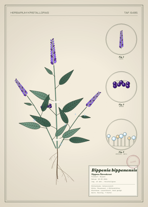 Botanische Tafel: Bippenia bippenensis, eine erfundene Pflanze aus Bippen, gezeichnet wie in einem alten Pflanzenatlas