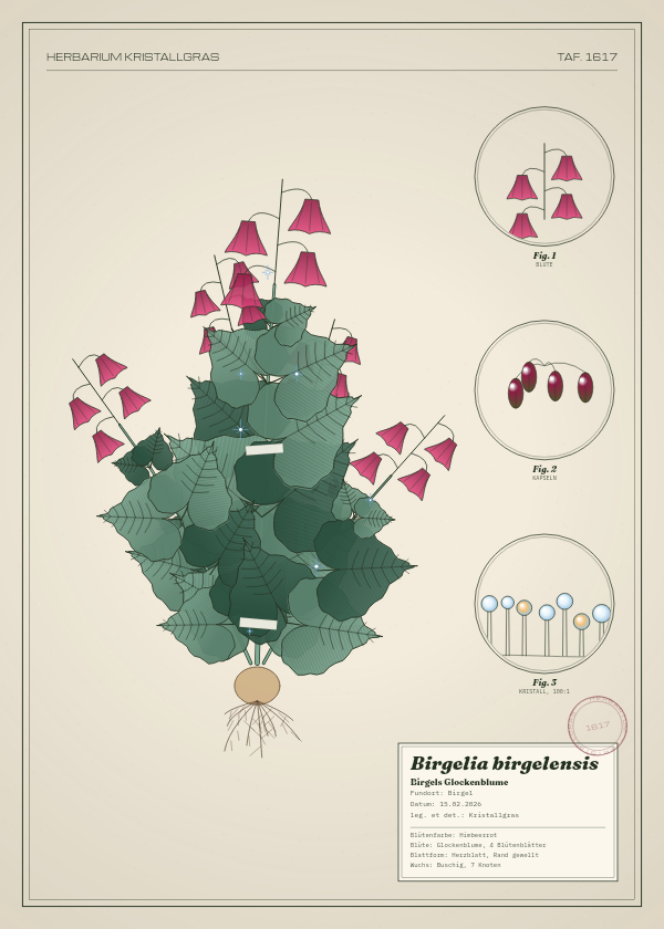 Botanische Tafel: Birgelia birgelensis, eine erfundene Pflanze aus Birgel, gezeichnet wie in einem alten Pflanzenatlas