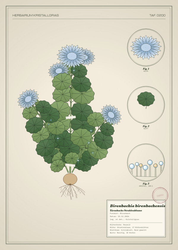 Botanische Tafel: Birenbachia birenbachensis, eine erfundene Pflanze aus Birenbach, gezeichnet wie in einem alten Pflanzenatlas