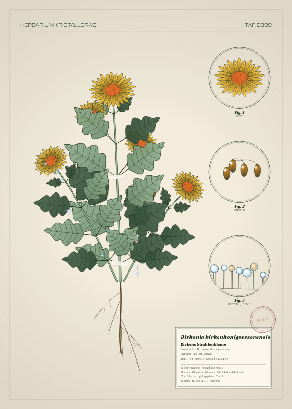 Botanische Tafel: Birkenia birkenhonigsessenensis, eine erfundene Pflanze aus Birken-Honigsessen, gezeichnet wie in einem alten Pflanzenatlas