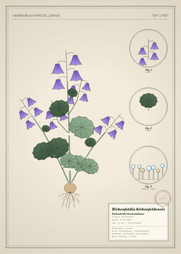Botanische Tafel: Birkenfeldia birkenfeldensis, eine erfundene Pflanze aus Birkenfeld, gezeichnet wie in einem alten Pflanzenatlas