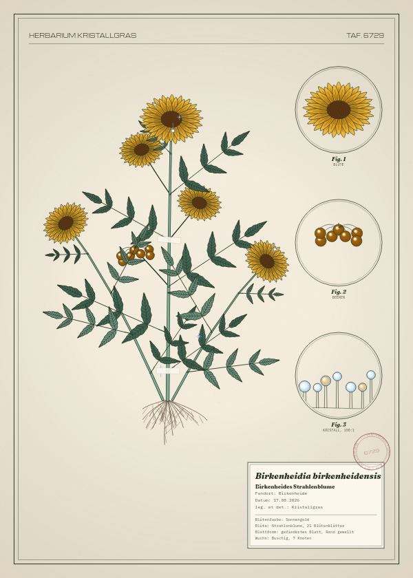 Botanische Tafel: Birkenheidia birkenheidensis, eine erfundene Pflanze aus Birkenheide, gezeichnet wie in einem alten Pflanzenatlas