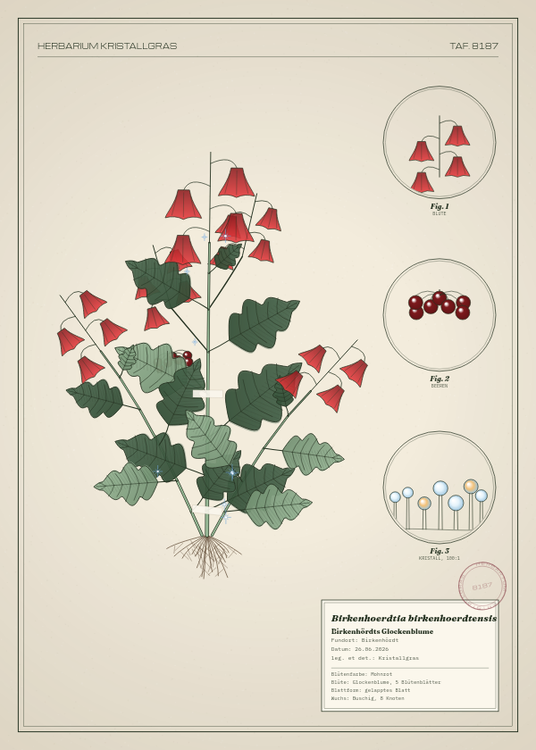 Botanische Tafel: Birkenhoerdtia birkenhoerdtensis, eine erfundene Pflanze aus Birkenhördt, gezeichnet wie in einem alten Pflanzenatlas
