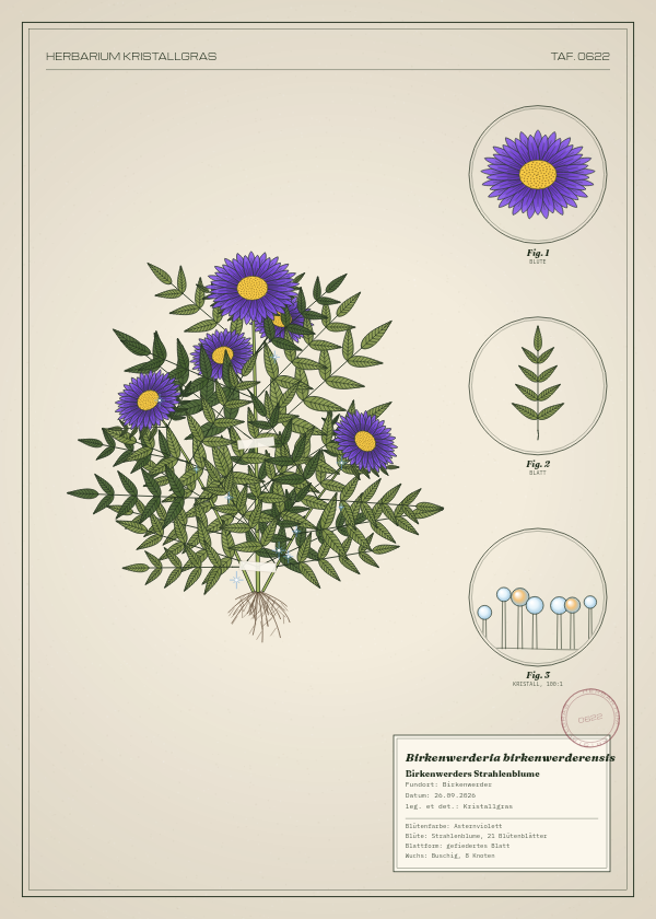 Botanische Tafel: Birkenwerderia birkenwerderensis, eine erfundene Pflanze aus Birkenwerder, gezeichnet wie in einem alten Pflanzenatlas