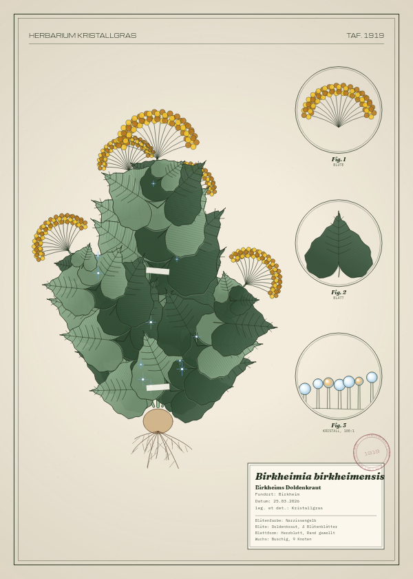Botanische Tafel: Birkheimia birkheimensis, eine erfundene Pflanze aus Birkheim, gezeichnet wie in einem alten Pflanzenatlas