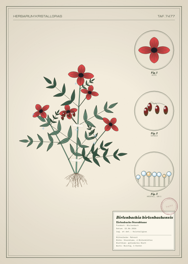 Botanische Tafel: Birlenbachia birlenbachensis, eine erfundene Pflanze aus Birlenbach, gezeichnet wie in einem alten Pflanzenatlas
