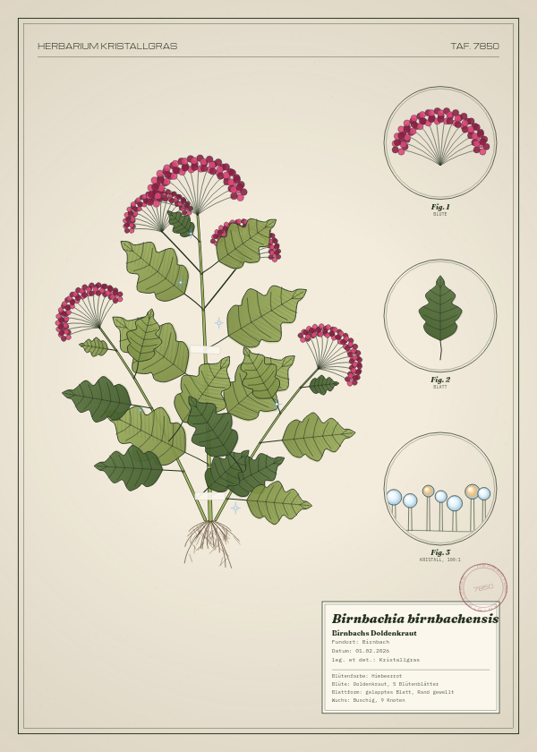 Botanische Tafel: Birnbachia birnbachensis, eine erfundene Pflanze aus Birnbach, gezeichnet wie in einem alten Pflanzenatlas
