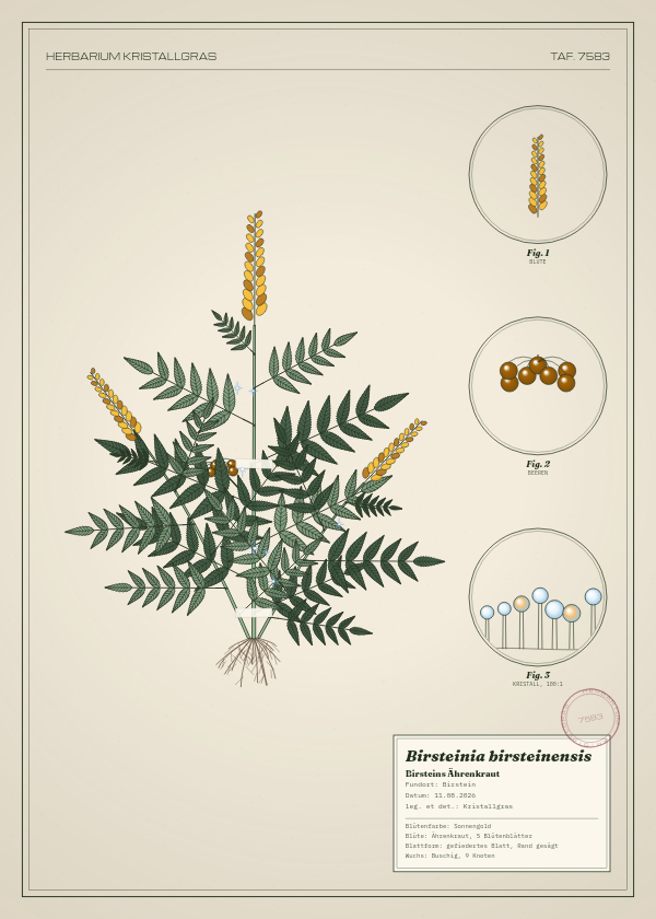 Botanische Tafel: Birsteinia birsteinensis, eine erfundene Pflanze aus Birstein, gezeichnet wie in einem alten Pflanzenatlas