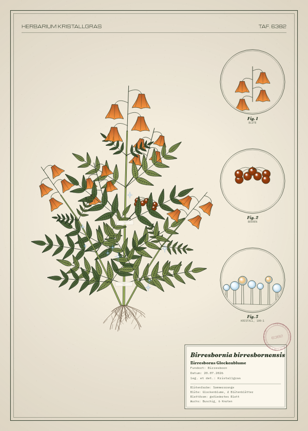 Botanische Tafel: Birresbornia birresbornensis, eine erfundene Pflanze aus Birresborn, gezeichnet wie in einem alten Pflanzenatlas