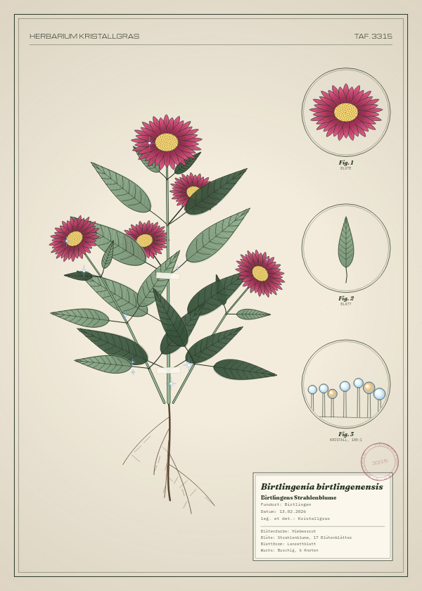 Botanische Tafel: Birtlingenia birtlingenensis, eine erfundene Pflanze aus Birtlingen, gezeichnet wie in einem alten Pflanzenatlas