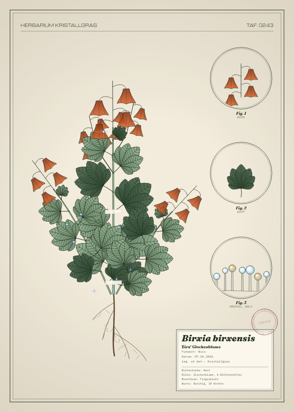 Botanische Tafel: Birxia birxensis, eine erfundene Pflanze aus Birx, gezeichnet wie in einem alten Pflanzenatlas