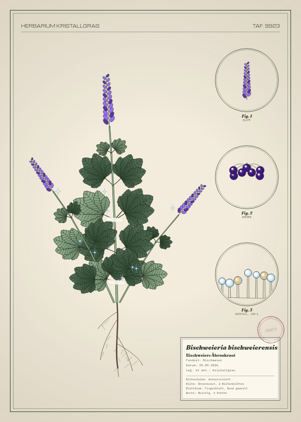 Botanische Tafel: Bischweieria bischweierensis, eine erfundene Pflanze aus Bischweier, gezeichnet wie in einem alten Pflanzenatlas