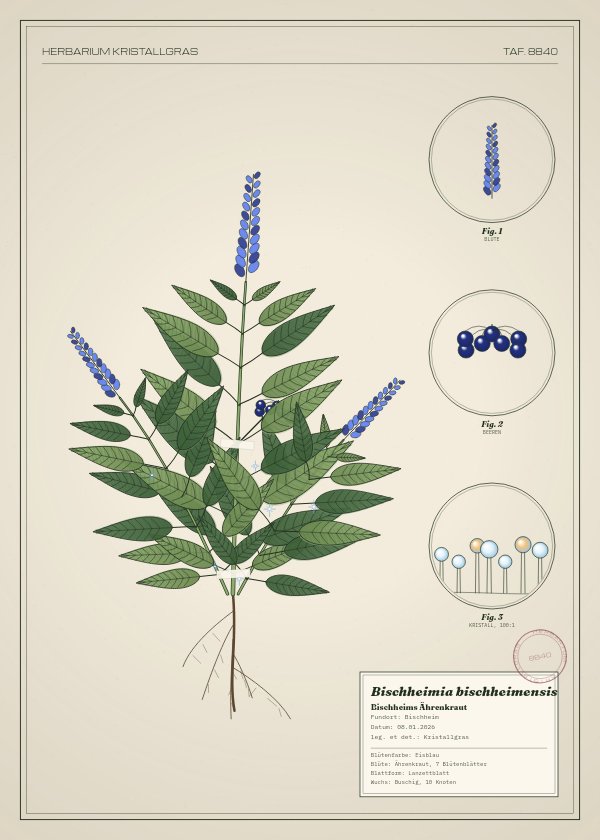 Botanische Tafel: Bischheimia bischheimensis, eine erfundene Pflanze aus Bischheim, gezeichnet wie in einem alten Pflanzenatlas