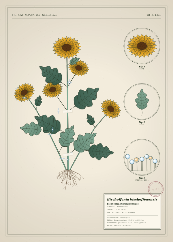 Botanische Tafel: Bischoffenia bischoffenensis, eine erfundene Pflanze aus Bischoffen, gezeichnet wie in einem alten Pflanzenatlas