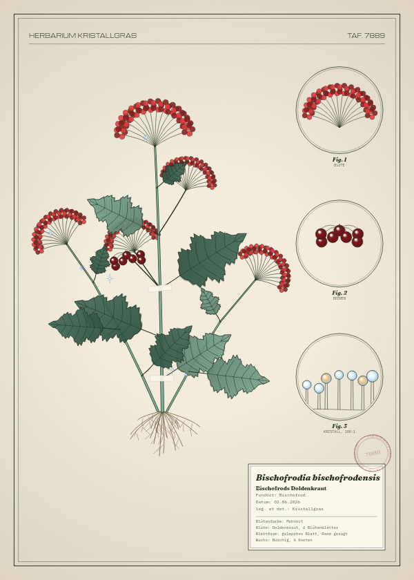 Botanische Tafel: Bischofrodia bischofrodensis, eine erfundene Pflanze aus Bischofrod, gezeichnet wie in einem alten Pflanzenatlas