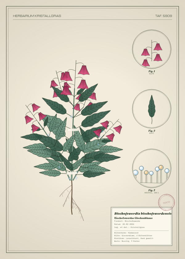 Botanische Tafel: Bischofswerdia bischofswerdensis, eine erfundene Pflanze aus Bischofswerda, gezeichnet wie in einem alten Pflanzenatlas