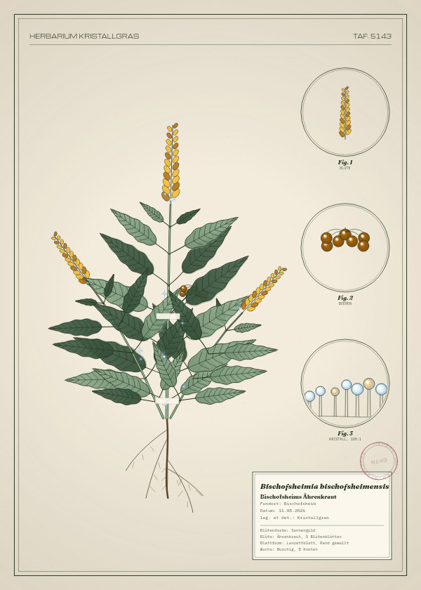 Botanische Tafel: Bischofsheimia bischofsheimensis, eine erfundene Pflanze aus Bischofsheim, gezeichnet wie in einem alten Pflanzenatlas