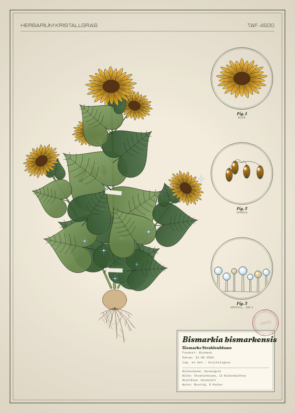 Botanische Tafel: Bismarkia bismarkensis, eine erfundene Pflanze aus Bismark, gezeichnet wie in einem alten Pflanzenatlas