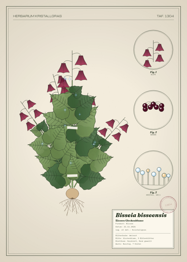 Botanische Tafel: Bisseia bisseensis, eine erfundene Pflanze aus Bissee, gezeichnet wie in einem alten Pflanzenatlas