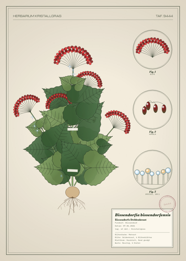 Botanische Tafel: Bissendorfia bissendorfensis, eine erfundene Pflanze aus Bissendorf, gezeichnet wie in einem alten Pflanzenatlas