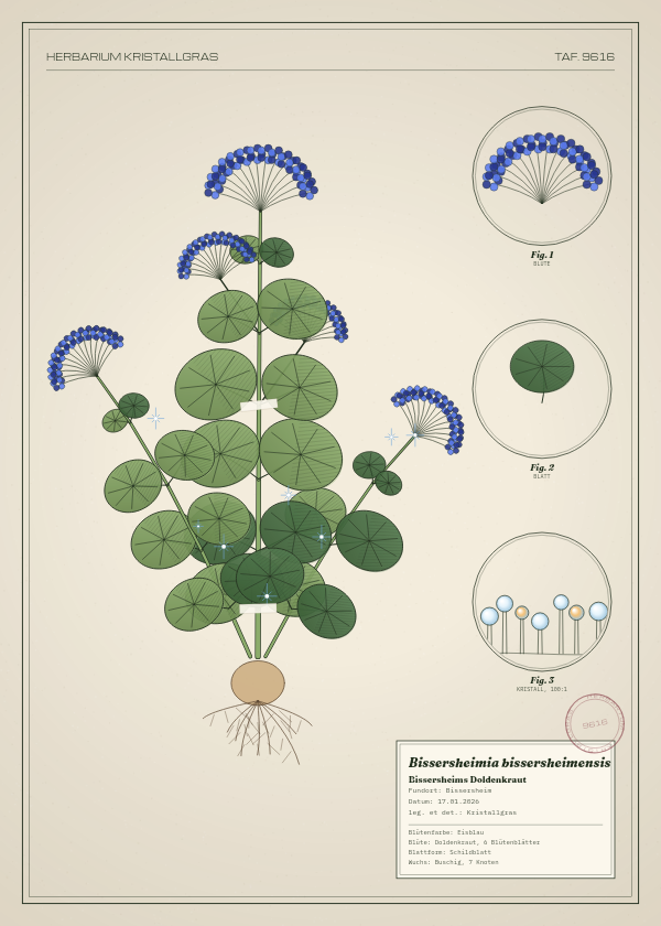 Botanische Tafel: Bissersheimia bissersheimensis, eine erfundene Pflanze aus Bissersheim, gezeichnet wie in einem alten Pflanzenatlas