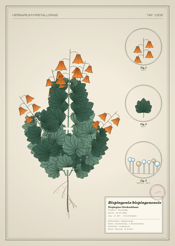 Botanische Tafel: Bispingenia bispingenensis, eine erfundene Pflanze aus Bispingen, gezeichnet wie in einem alten Pflanzenatlas