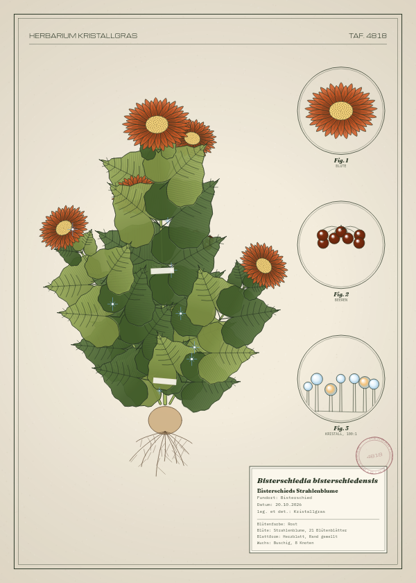 Botanische Tafel: Bisterschiedia bisterschiedensis, eine erfundene Pflanze aus Bisterschied, gezeichnet wie in einem alten Pflanzenatlas